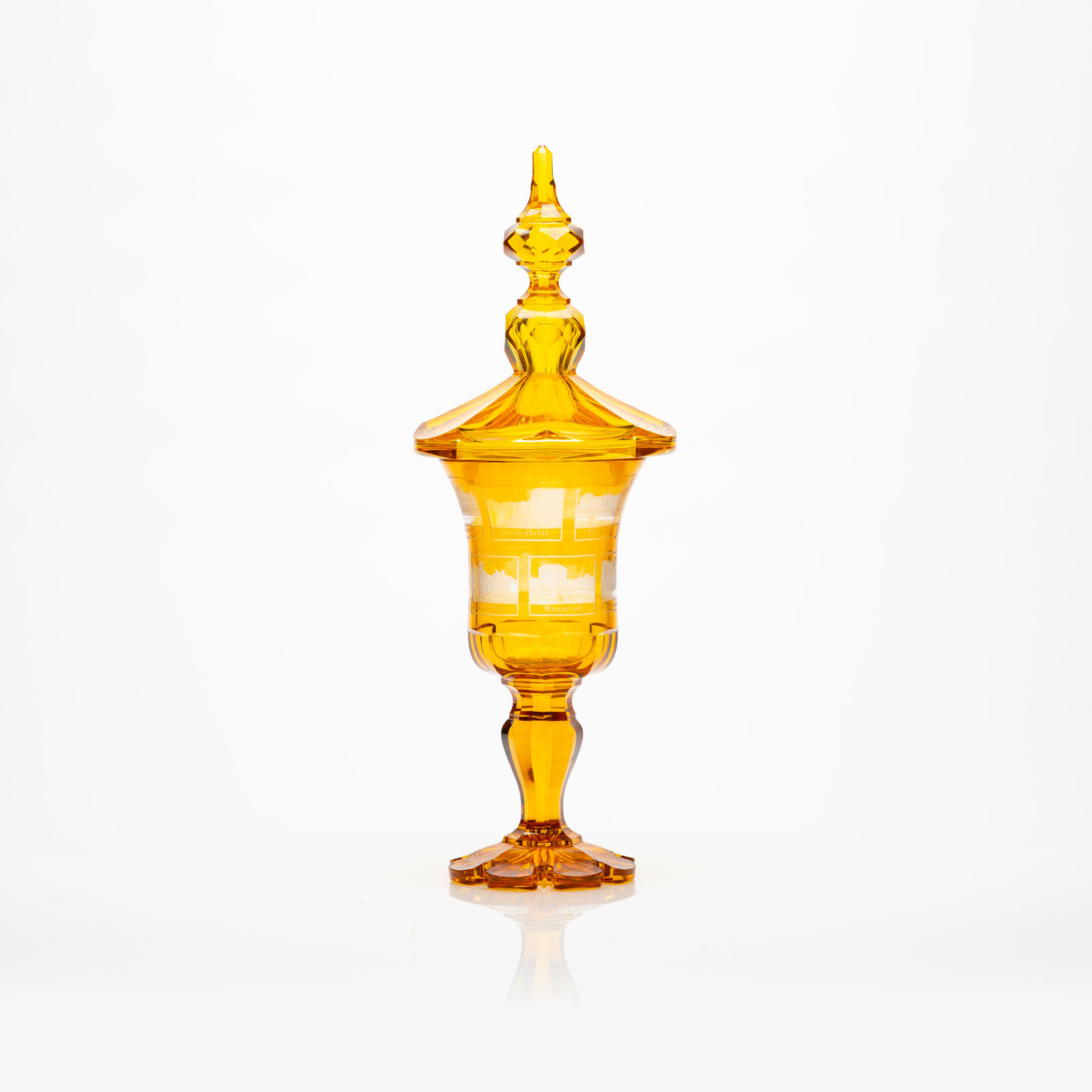 Bohemian Cut and Engraved Yellow Glass Goblet with Lid, 19th Century