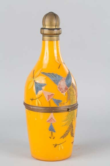 Set of enamelled decorated bottle and glasses in opaline glass, 19th Century CE