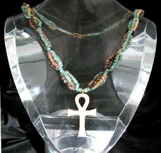 Five Strand Egyptian Faience Bead Necklace with a gold Ankh, 1900 BCE - 1100 BCE