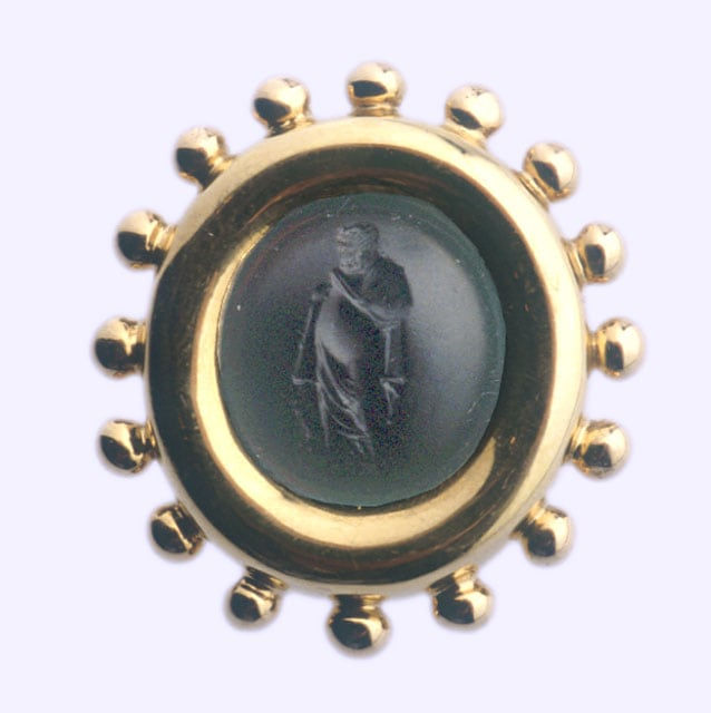 Gold Pin Featuring a Classical Revival Glass Intaglio of a Greek or Roman Philosopher and a Dog, 17th Century CE - 18th Century CE