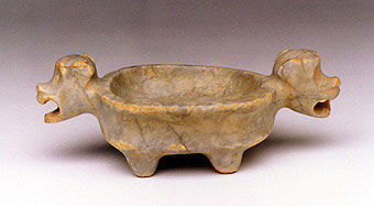 Guanacaste-Nicoya Jade-Like Stone Vessel with Monkey Head Handles, 100 CE - 500 CE