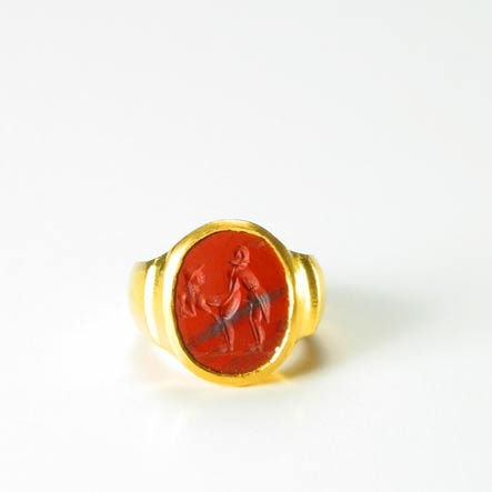 Neo-Classical Erotic Jasper Intaglio, Mounted in a 24 Karat Gold Ring, 1800 CE - 1900 CE