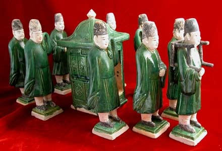 Set of Nine Ming Glazed Terracotta Attendants and a Palanquin, 1368 CE - 1644 CE