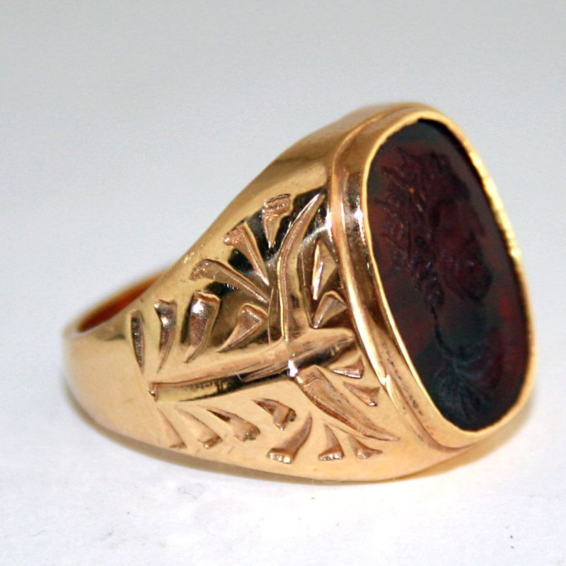 Gold Ring Featuring a Classical Revival Carnelian Intaglio of an Emperor, 18th Century CE