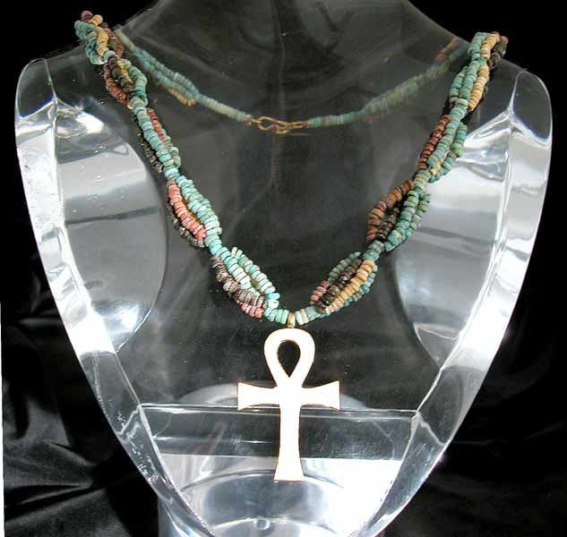 Five Strand Egyptian Faience Bead Necklace with a gold Ankh, 1900 BCE - 1100 BCE