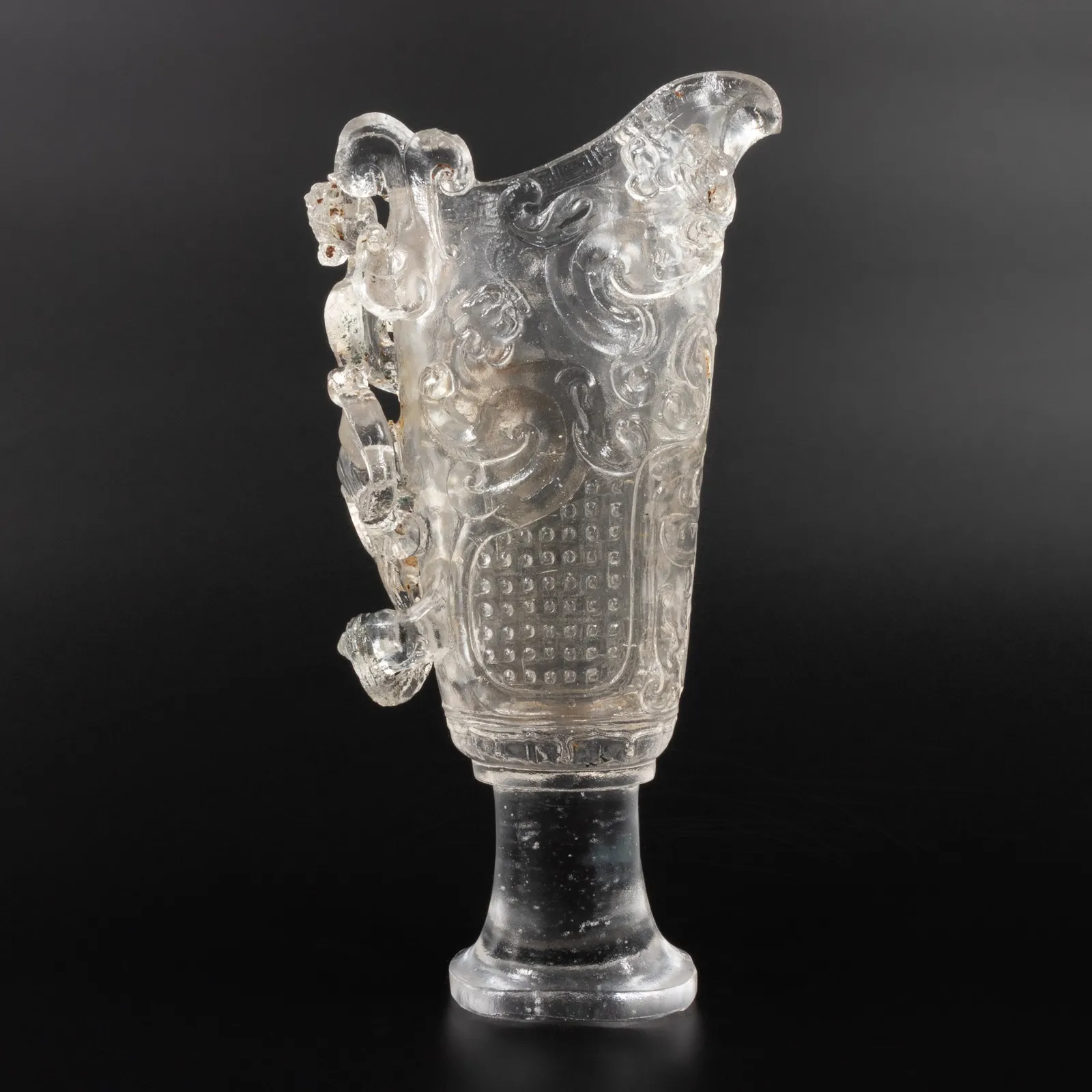 Cast glass libation cup with Chinese motif and studs, 1644-1912 CE