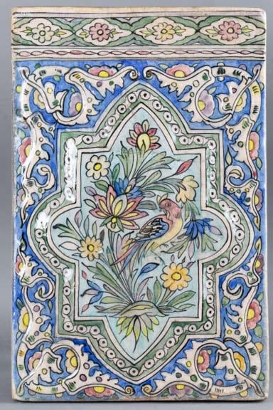 Rectangular glazed tile with floral decoration