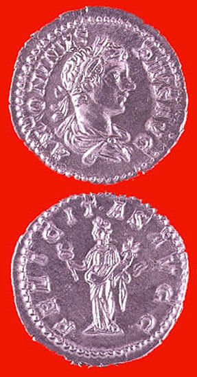 Silver Denarius of Emperor Caracalla, 200 CE - 210 CE