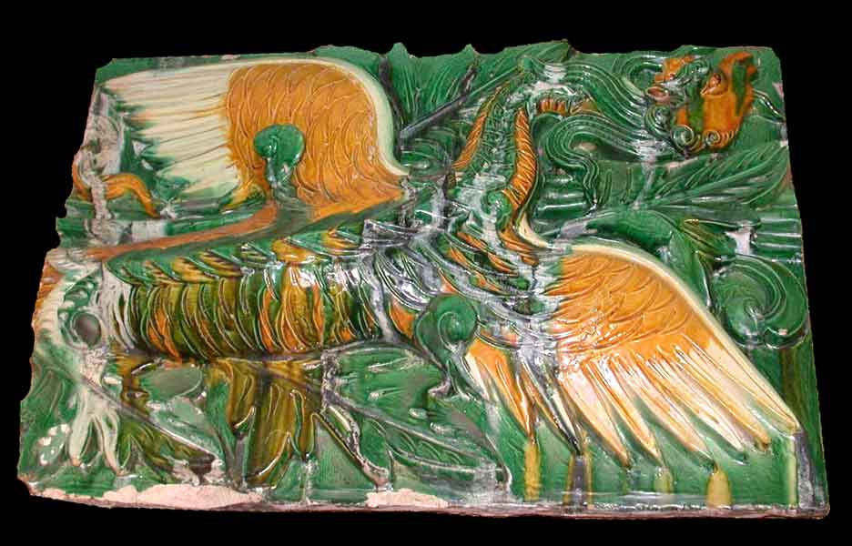 Ming Glazed Terracotta Temple Wall Tile Depicting a Phoenix, 1368 CE - 1644 CE