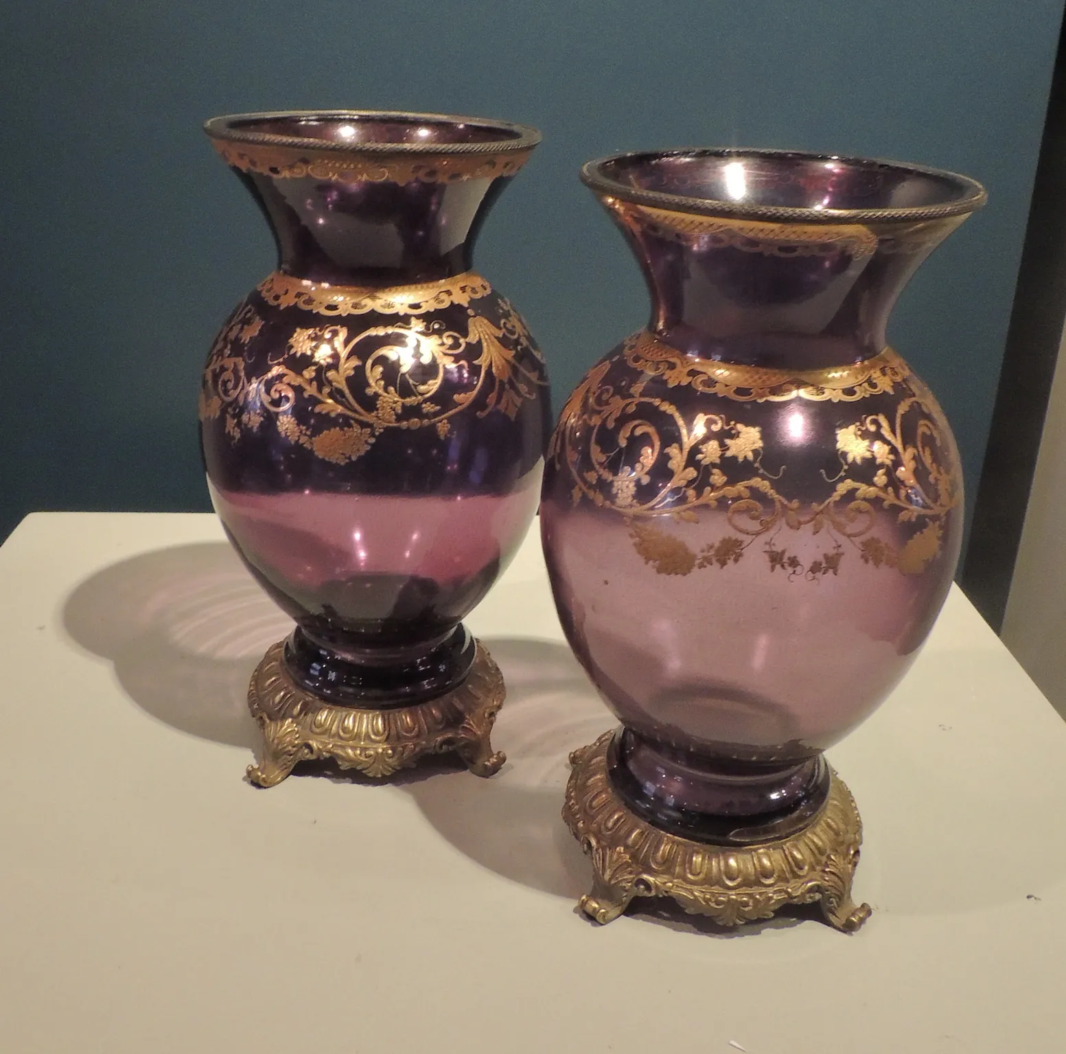 Pair mauve glass ormolu vases