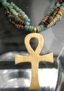 Five Strand Egyptian Faience Bead Necklace with a gold Ankh, 1900 BCE - 1100 BCE