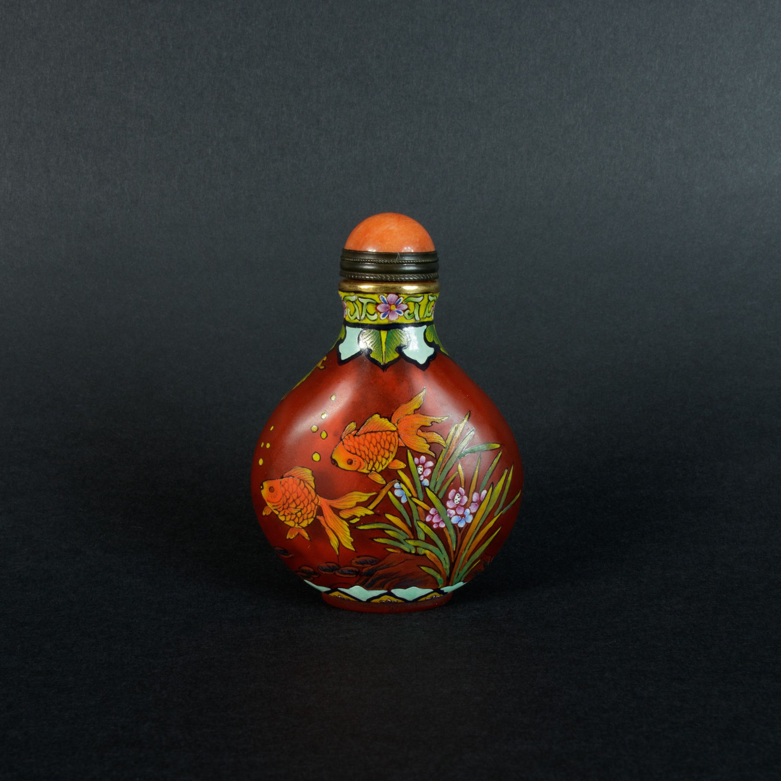 Qianlong Peiod Peking Glass Snuff bottle with Coral lid , 1736 AD to 1796 AD