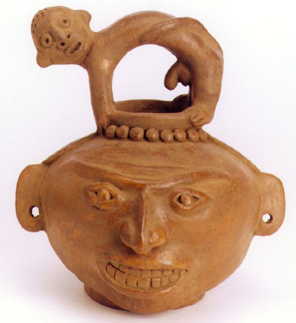 Terracotta Human Trophy Head with a Monkey Handle, 1000 BCE - 500 CE