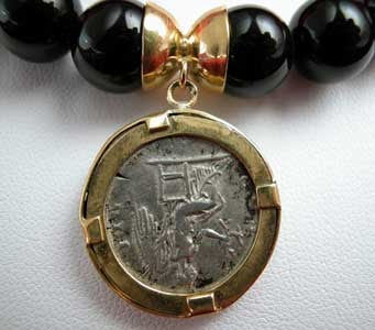 Onyx Bead Necklace Featuring a Roman Silver Denarius of Emperor Hadrian, 117 CE - 138 CE