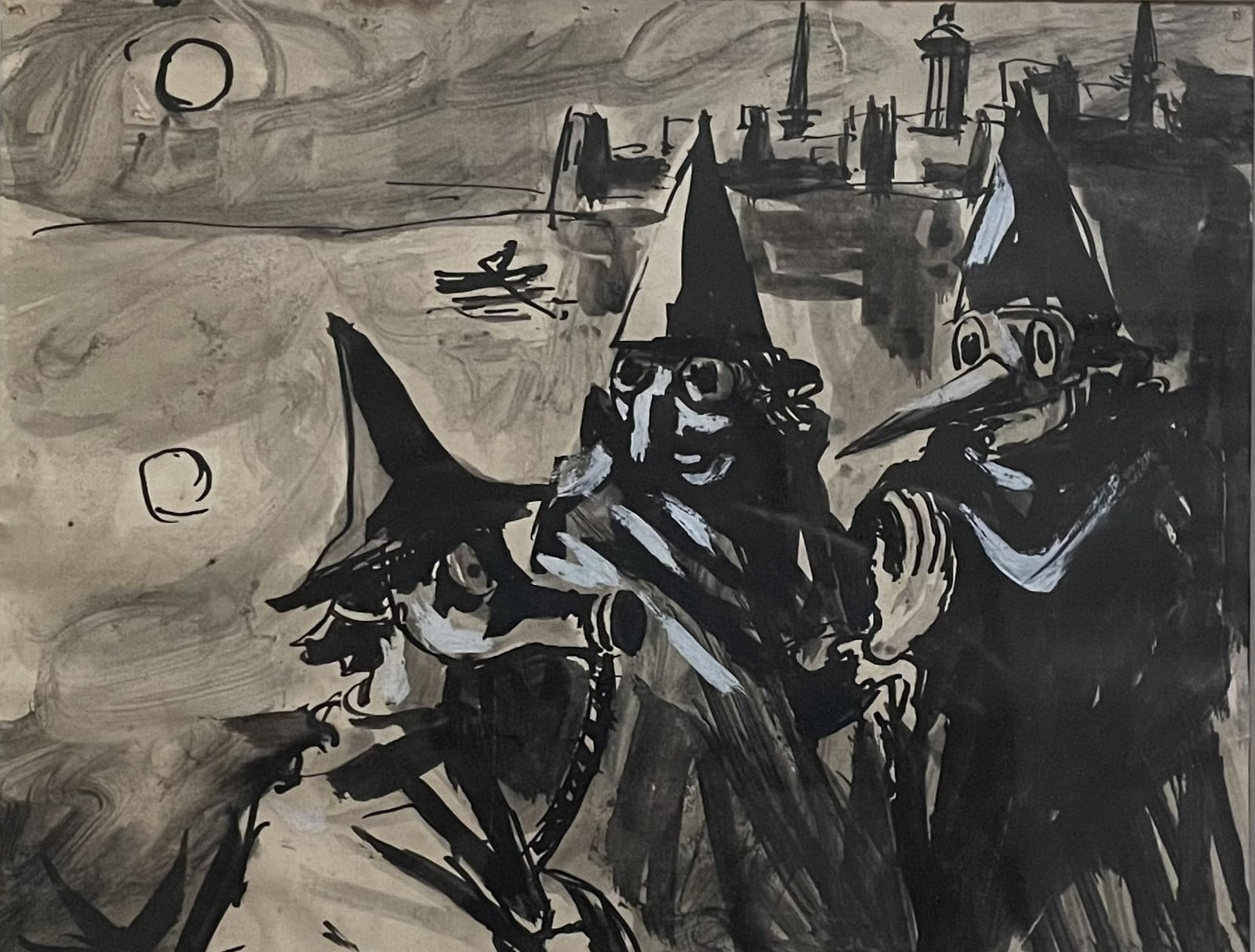 Josef Herman, Untitled Drawing (Three Figures in Purim Costumes with Rising Moon and Spires in the Background), c. 1940-43