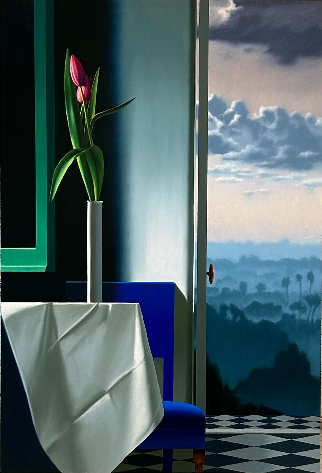 Bruce Cohen, Interior with Two Tulips and Sunset Landscape, 2024