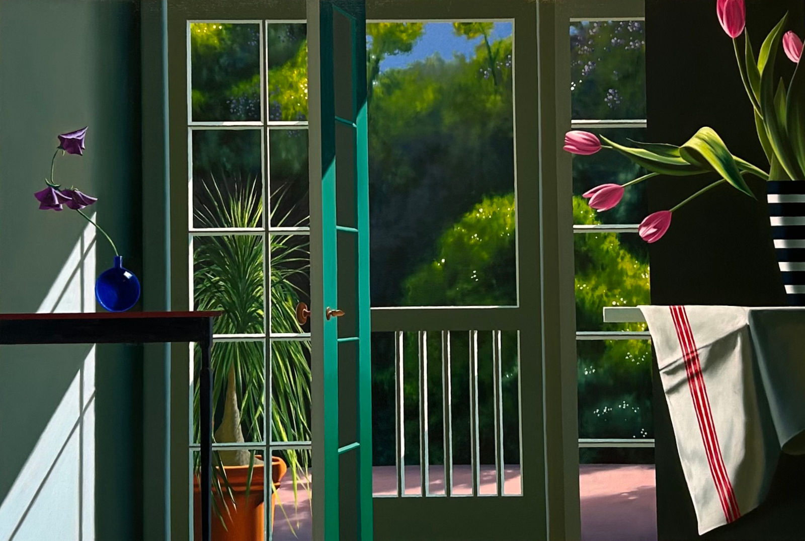 Bruce Cohen, Interior with Sweet Pea in Blue Vase, 2024