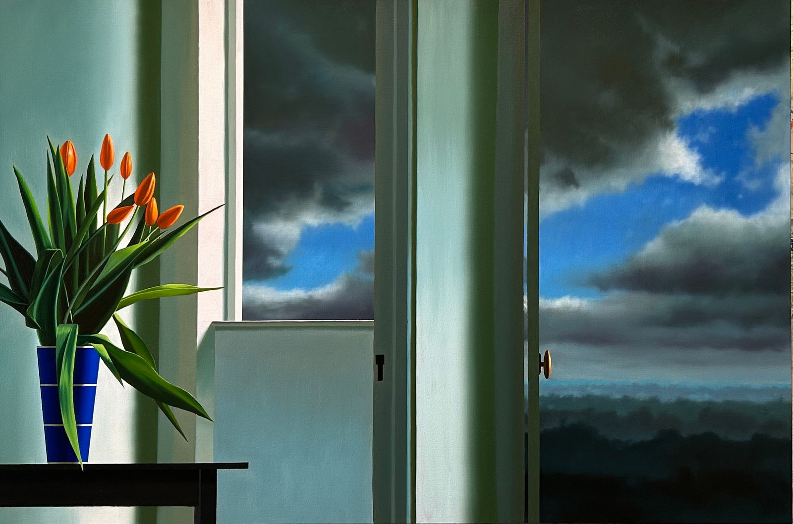 Bruce Cohen, Interior with Orange Tulips and Departing Storm, 2024
