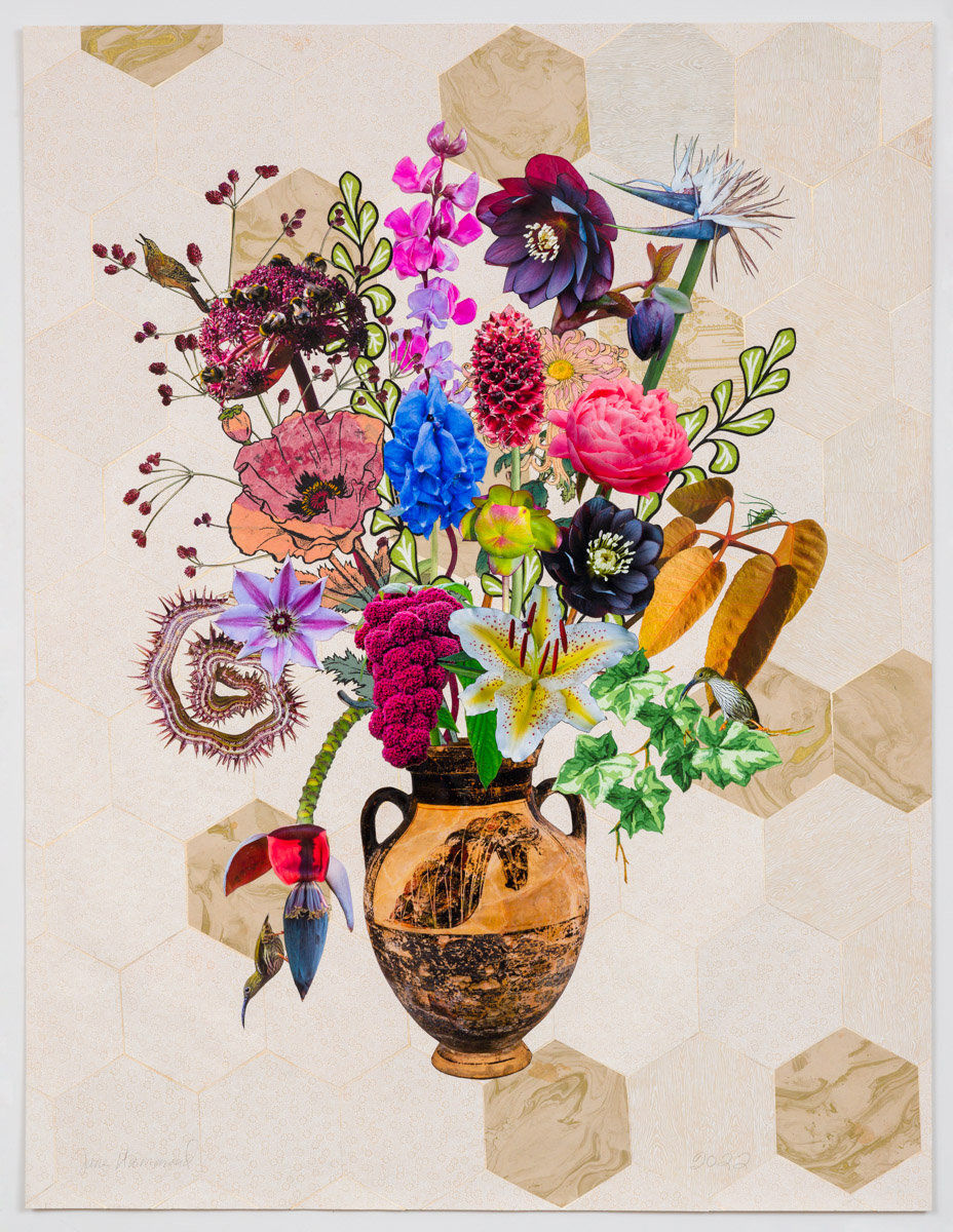 Jane Hammond, Horse-Head Amphora with Angelica, Monkshood and Two Spiderhunters, 2023