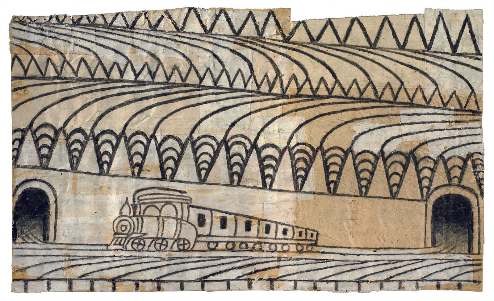 Martín Ramírez, Untitled (Triangle Landscape with Train), c. 1960-63