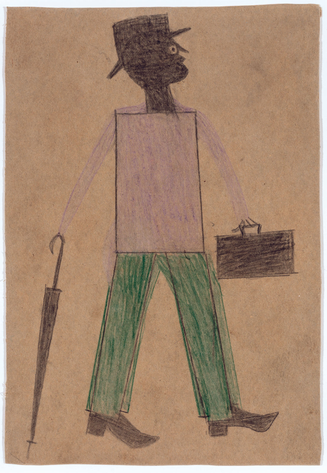 Bill Traylor, Untitled (Purple And Green Man With Umbrella), c.1939-42