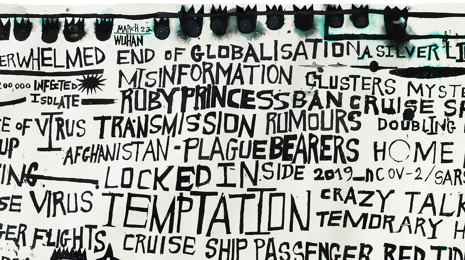 Locust Jones, Covid 19, Six weeks in the life of a global pandemic from March 6 to April 20 and the mass media and states of hysteria that accompanied this time, 2020