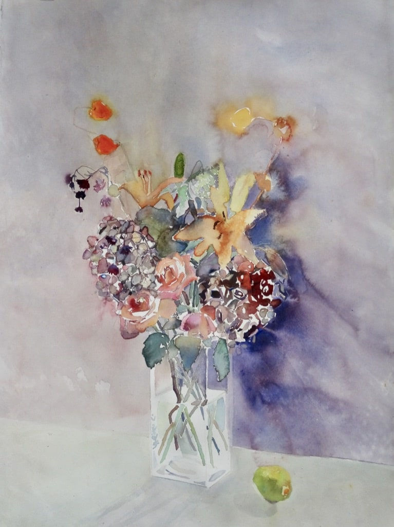 Sophie Knight RWS, Hydrangeas, Roses and Orange Lilies with Lemon