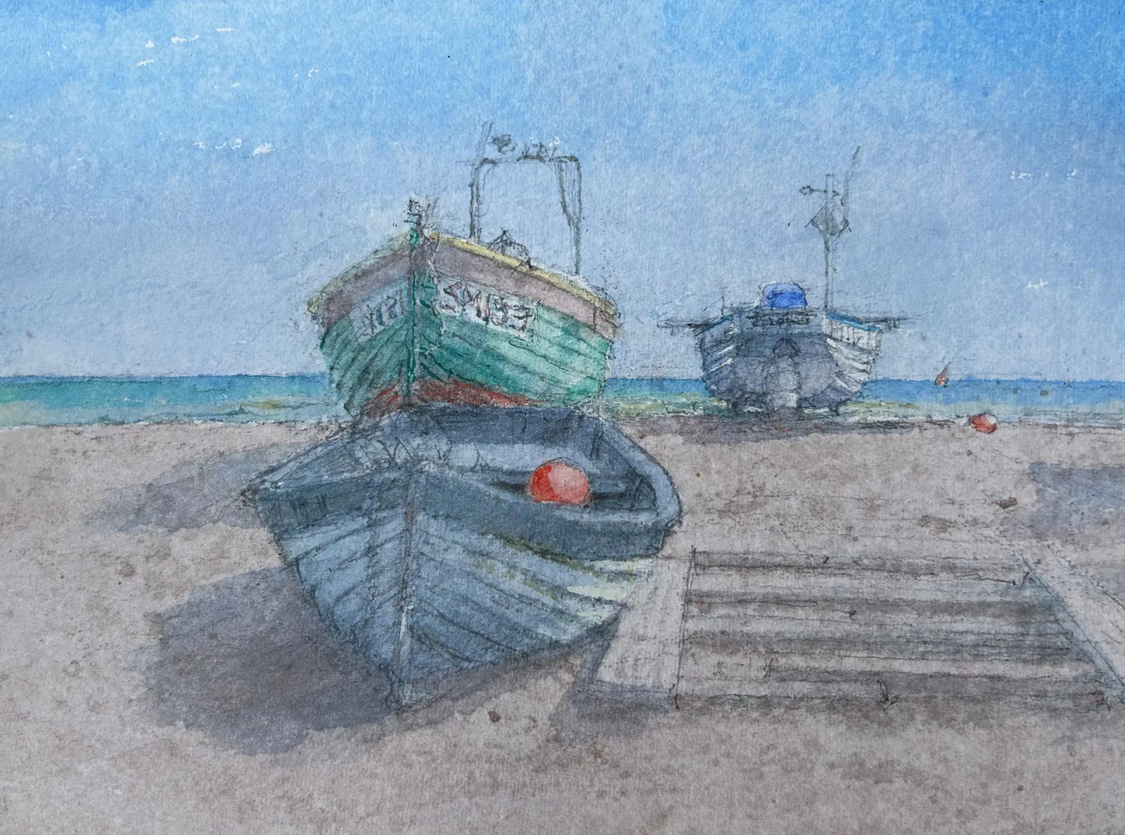 Dennis Roxby Bott RWS, Three Boats, Worthing Beach