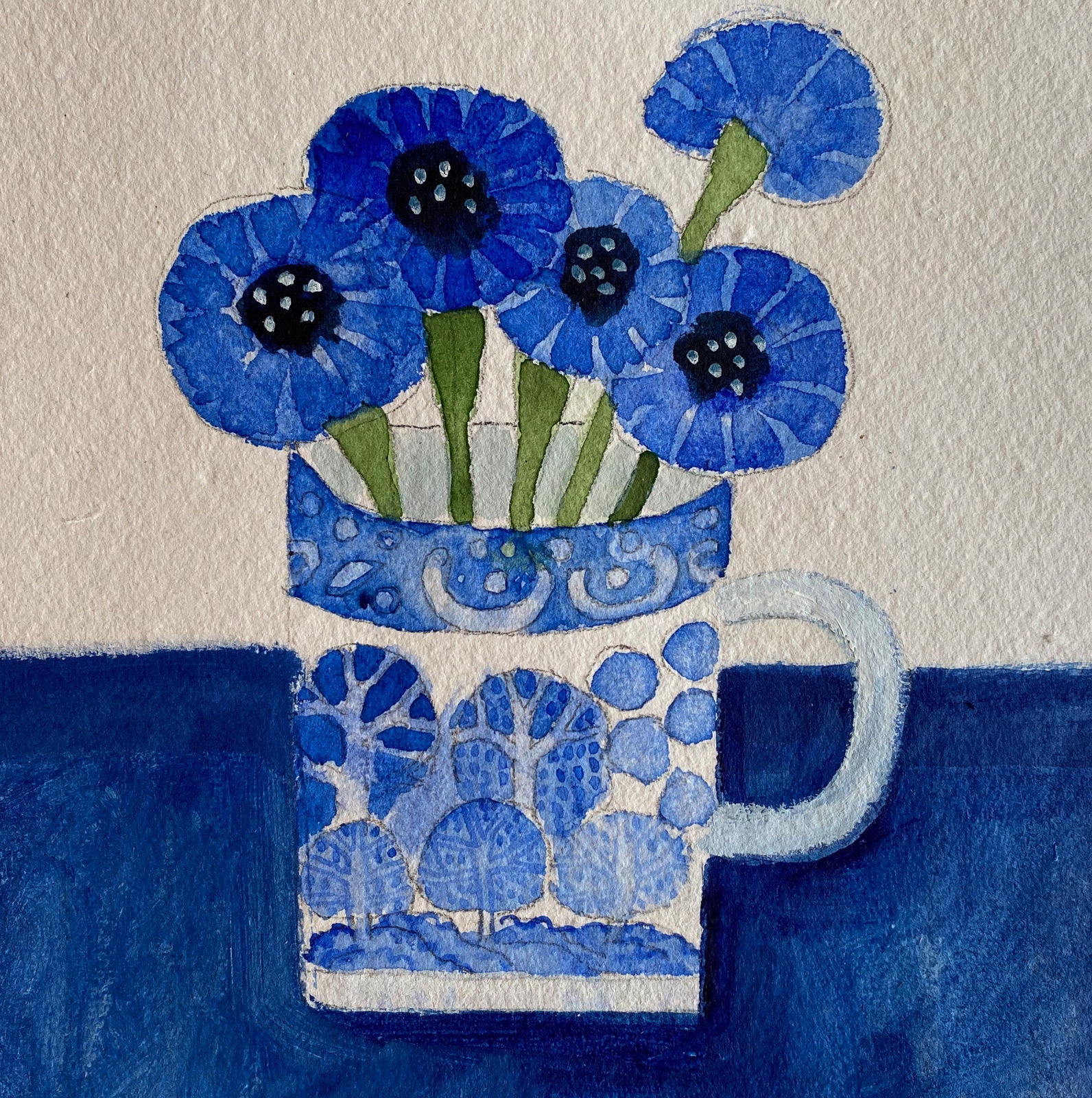 Jill Leman PPRWS Hon. RE, Cornflowers in a Willow Pattern Cup