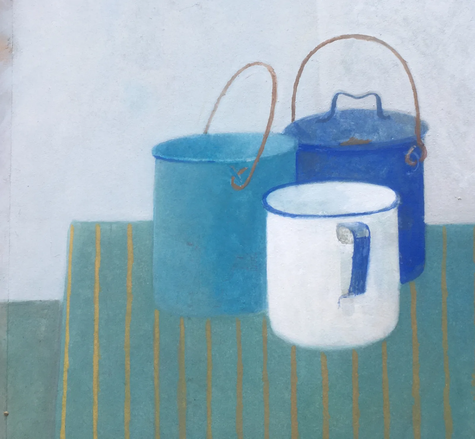 Wendy Jacob RWS, Two Enamel Canisters and a mug