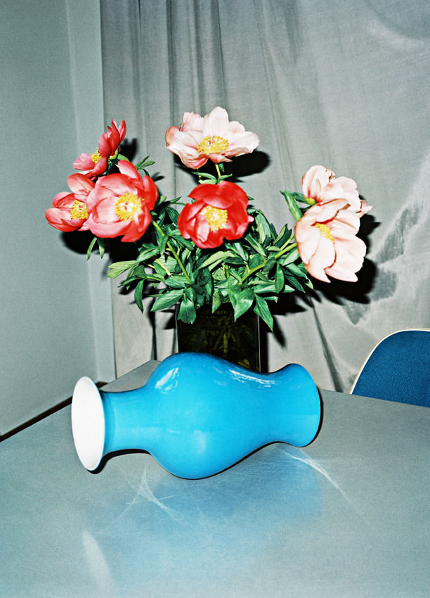 Philipp Keel, Peonies, a turquoise vase and a blue chair, 2010