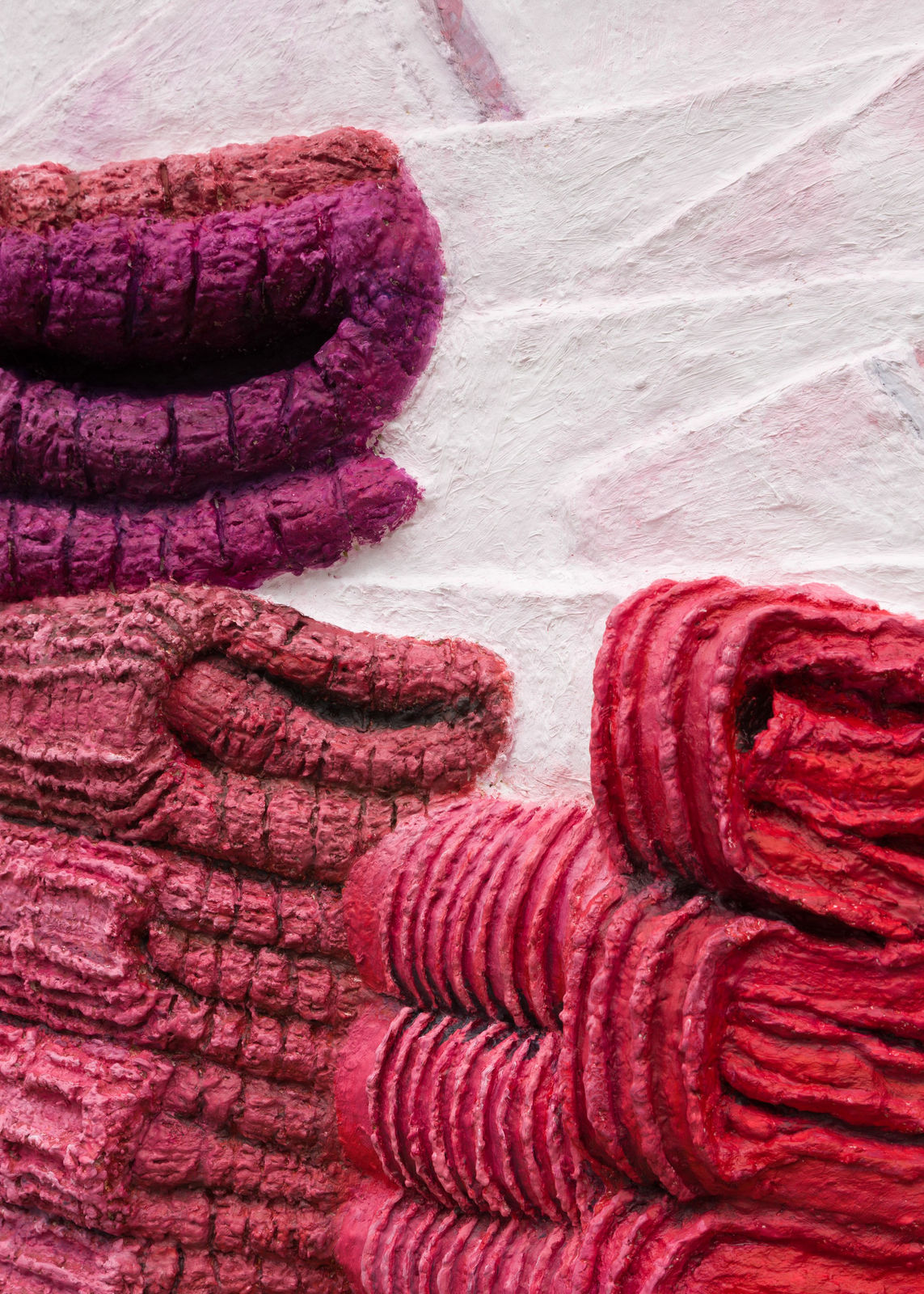 Gina Beavers, Red towel totems, 2024