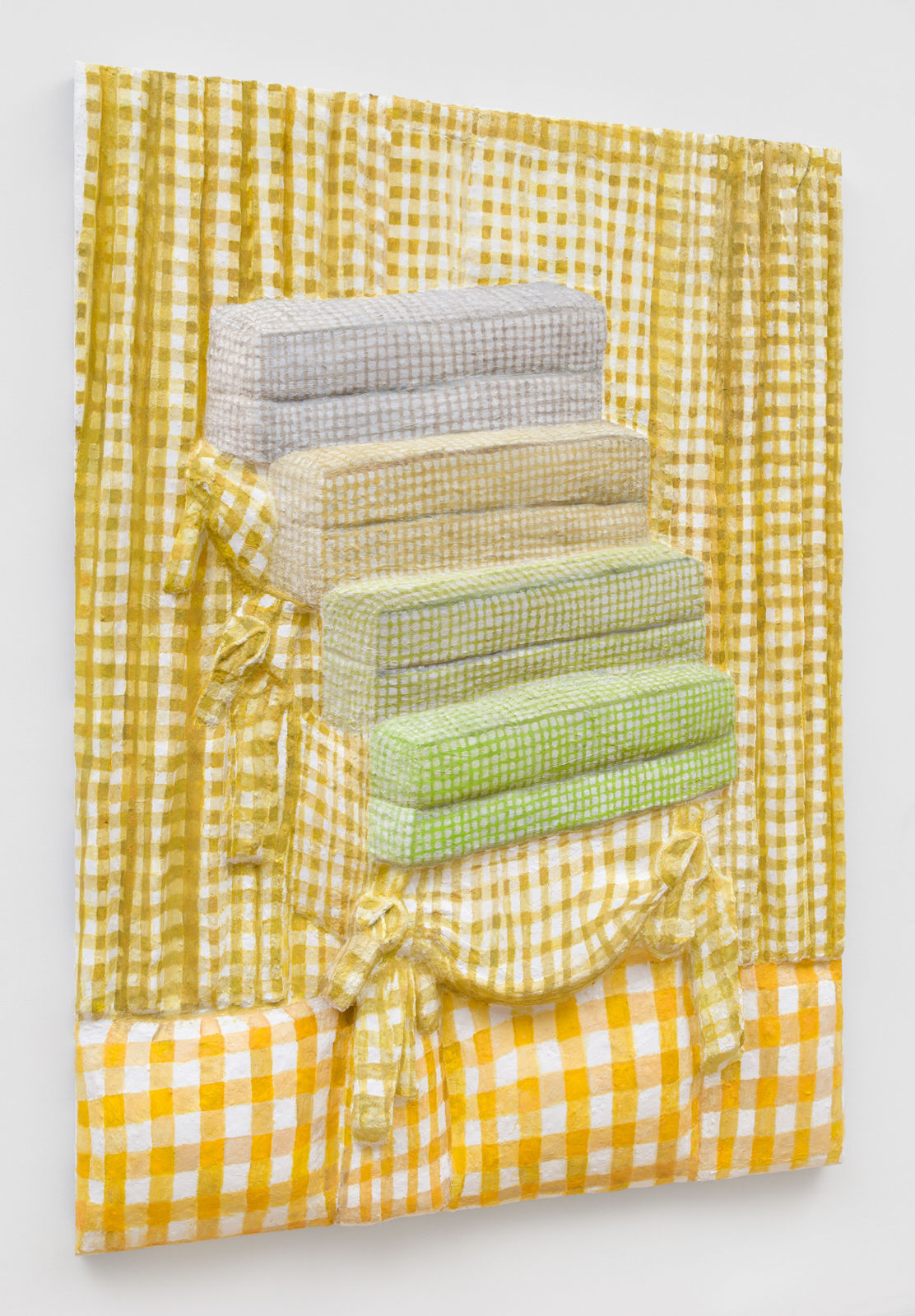 Gina Beavers, Yellow gingham ascension (cushions, drapes, pillows), 2024