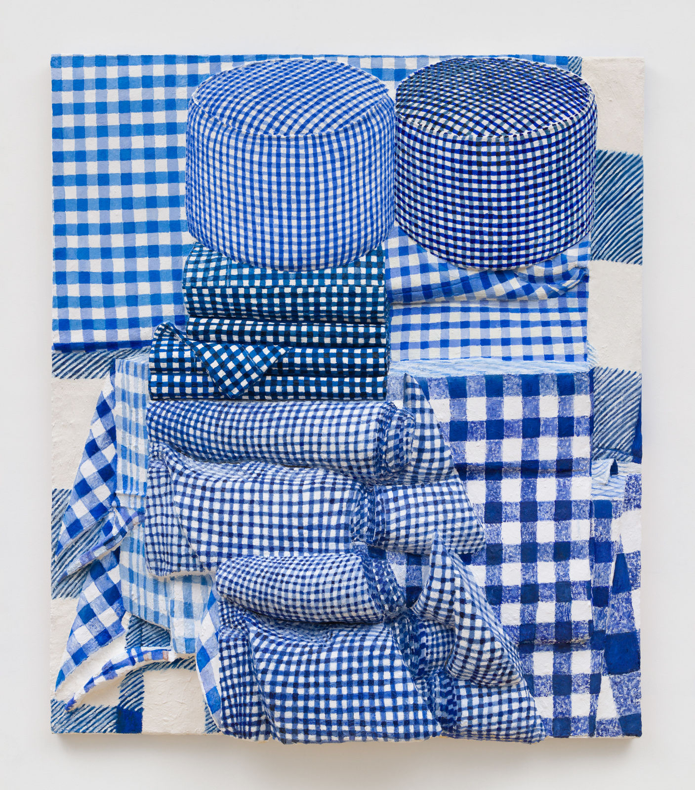 Gina Beavers, Blue gingham ottoman stack, 2024