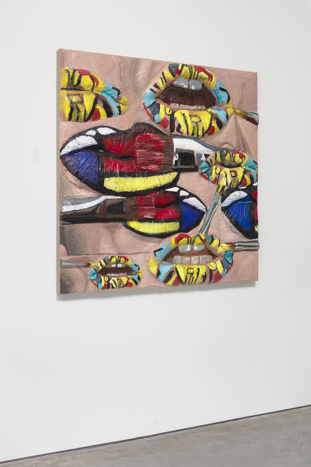 Gina Beavers, Painting Mondrian and Picasso Underwear on my lips, 2020