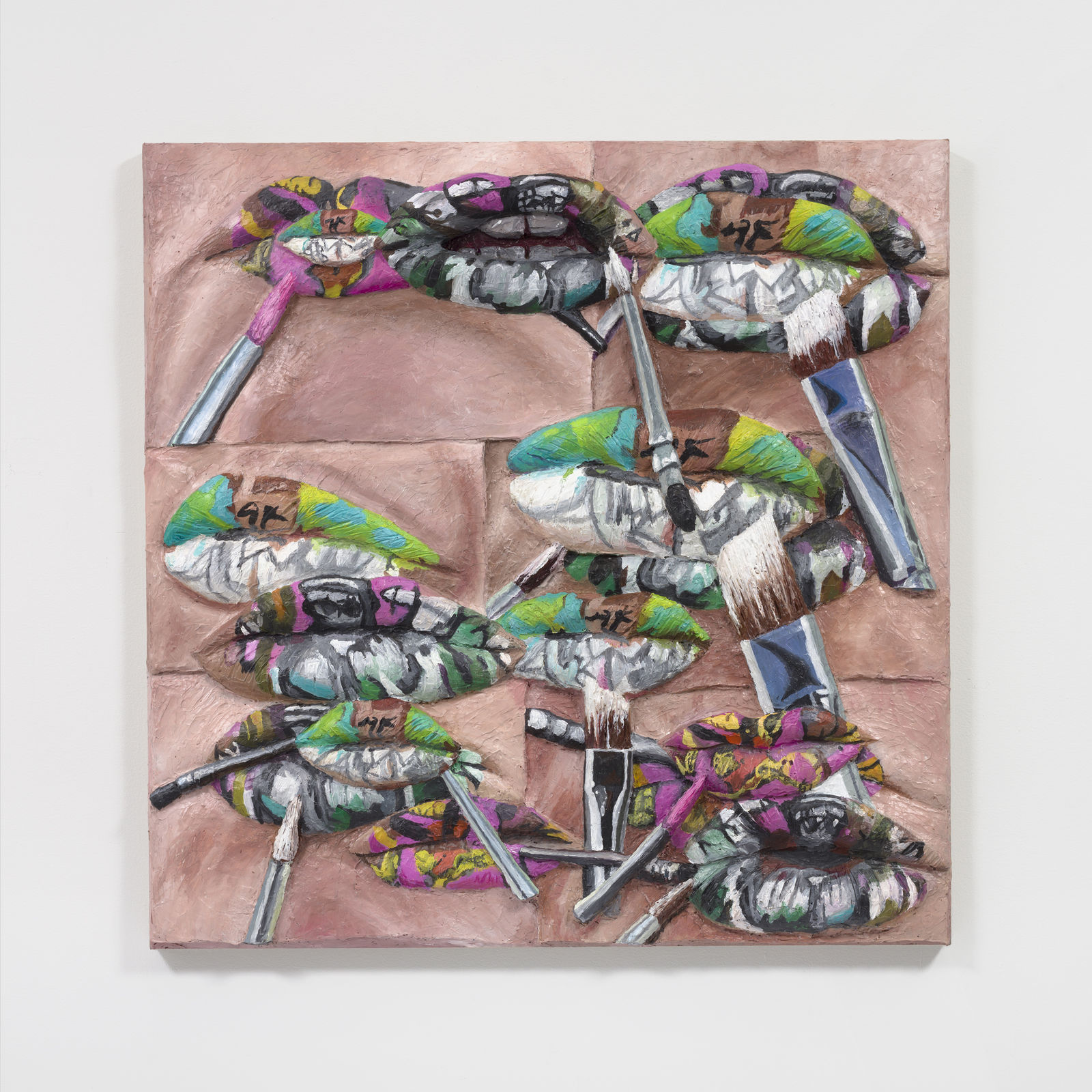 Gina Beavers, The DeKoonings (Woman 1 and JFK) on my lips, 2020