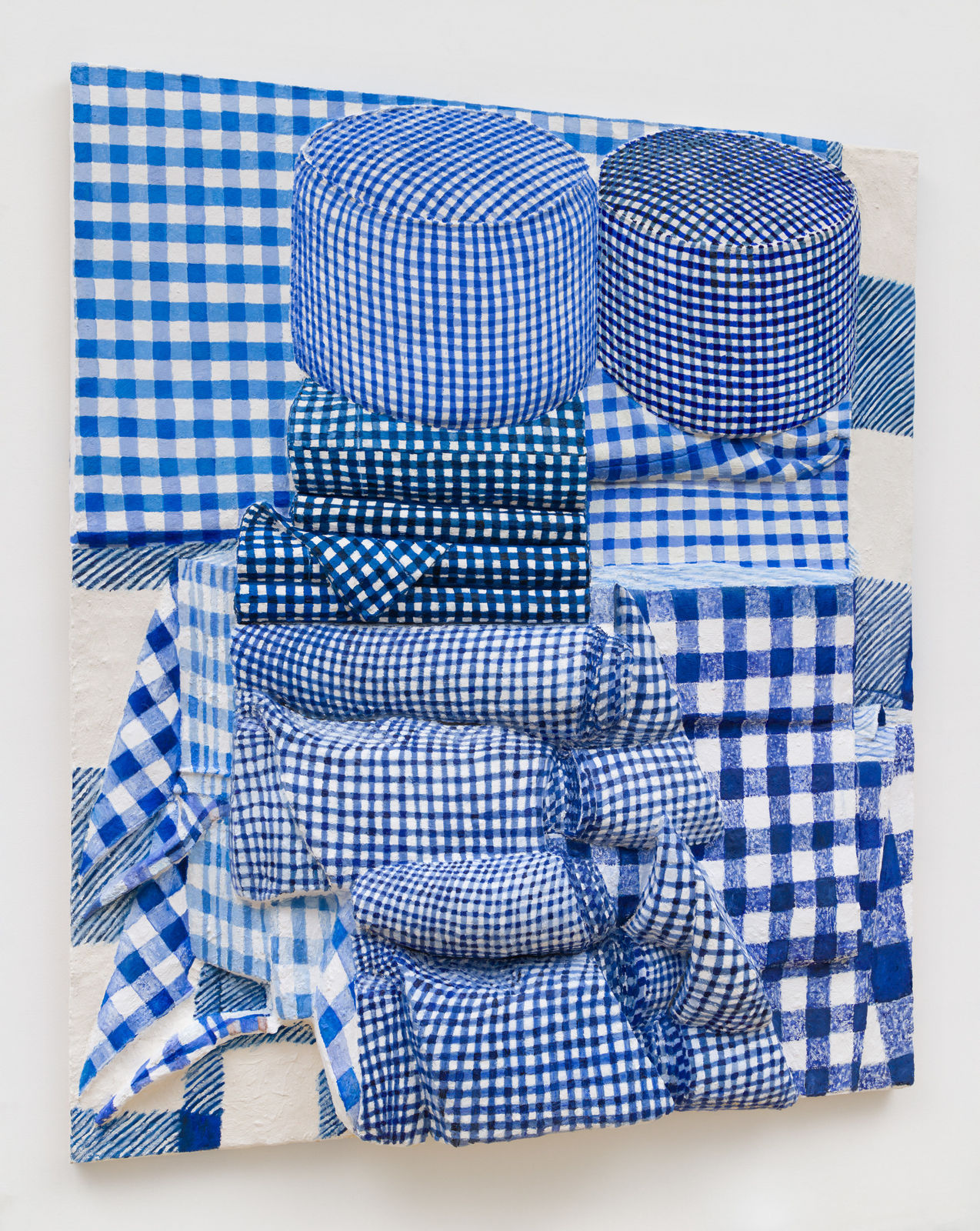 Gina Beavers, Blue gingham ottoman stack, 2024