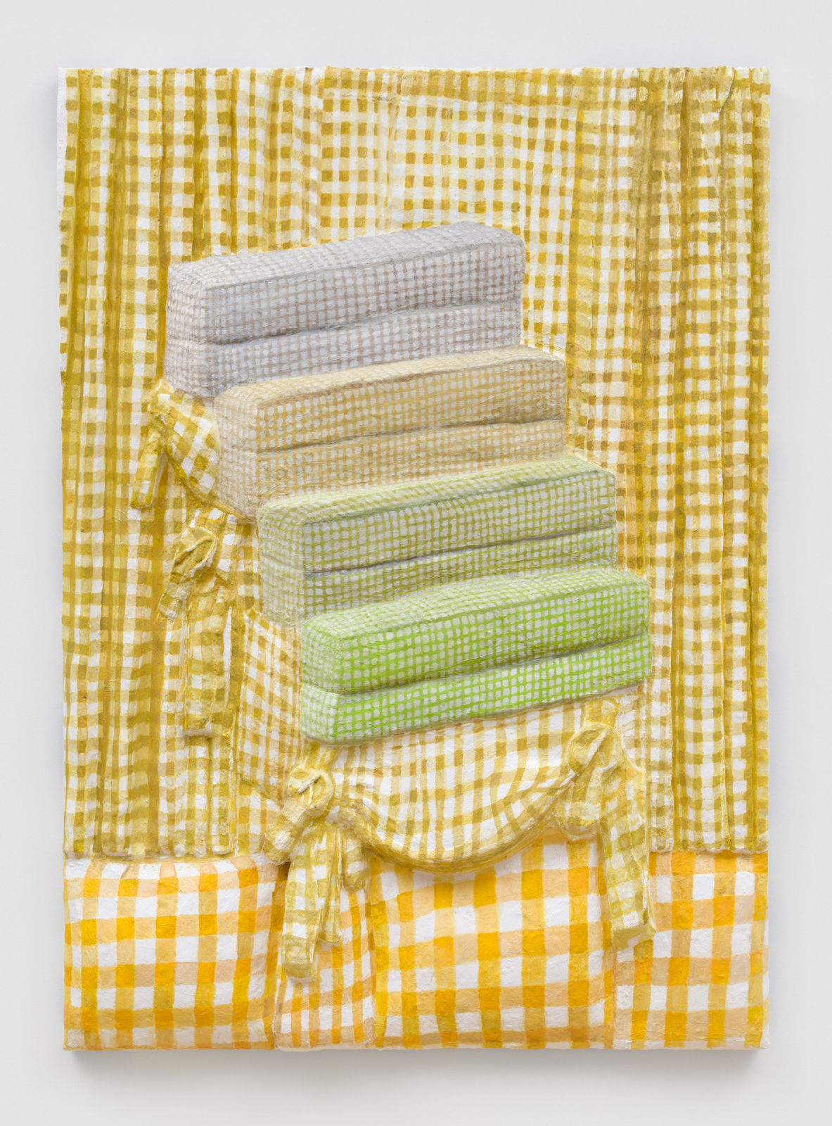 Gina Beavers, Yellow gingham ascension (cushions, drapes, pillows), 2024