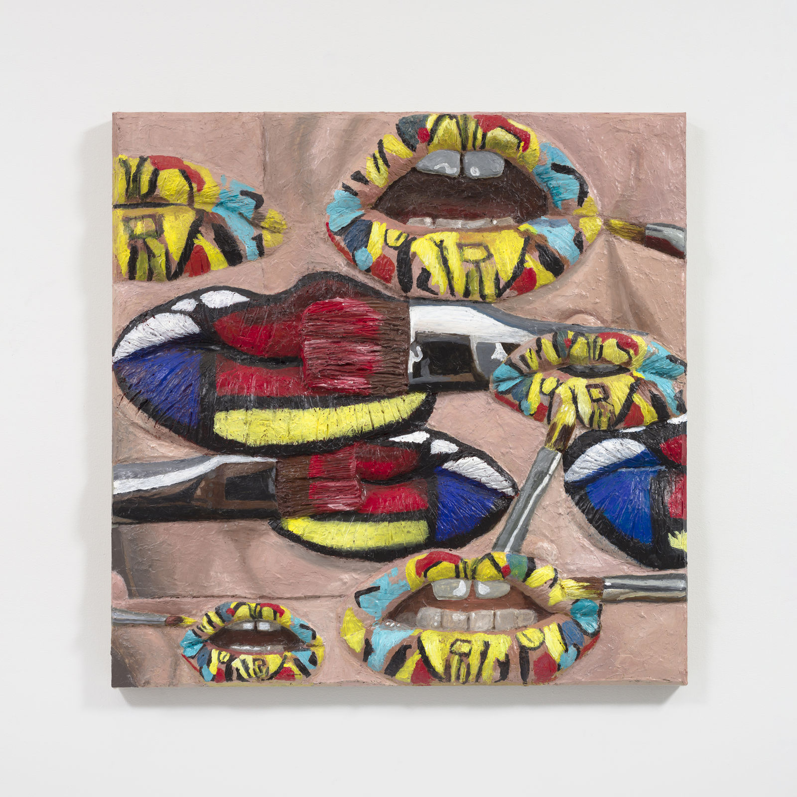 Gina Beavers, Painting Mondrian and Picasso Underwear on my lips, 2020