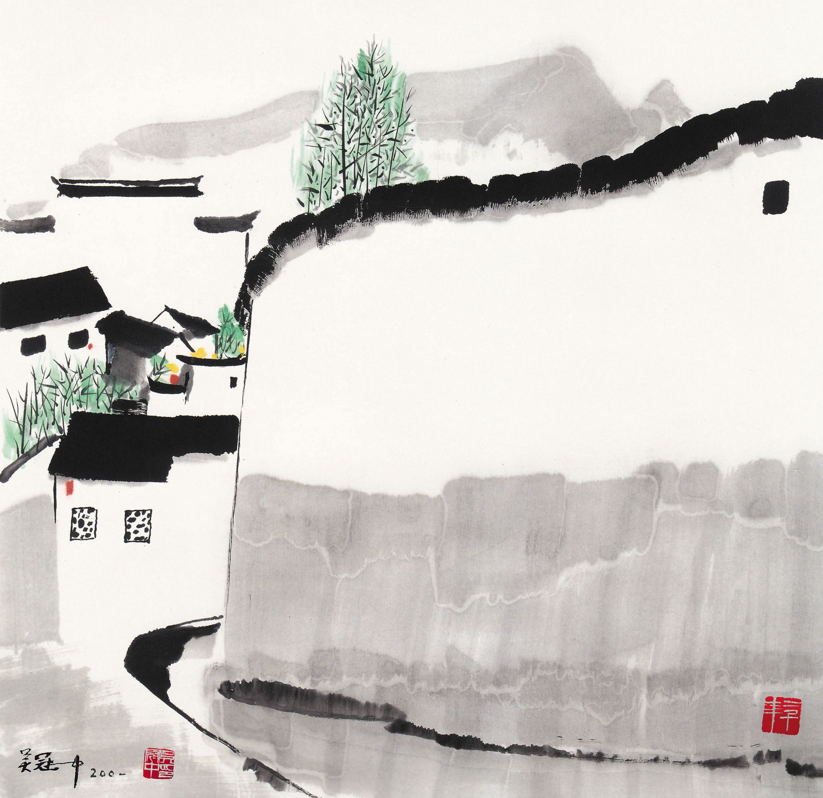 Wu Guanzhong 吳冠中, A Mountain Village 山村, 2001