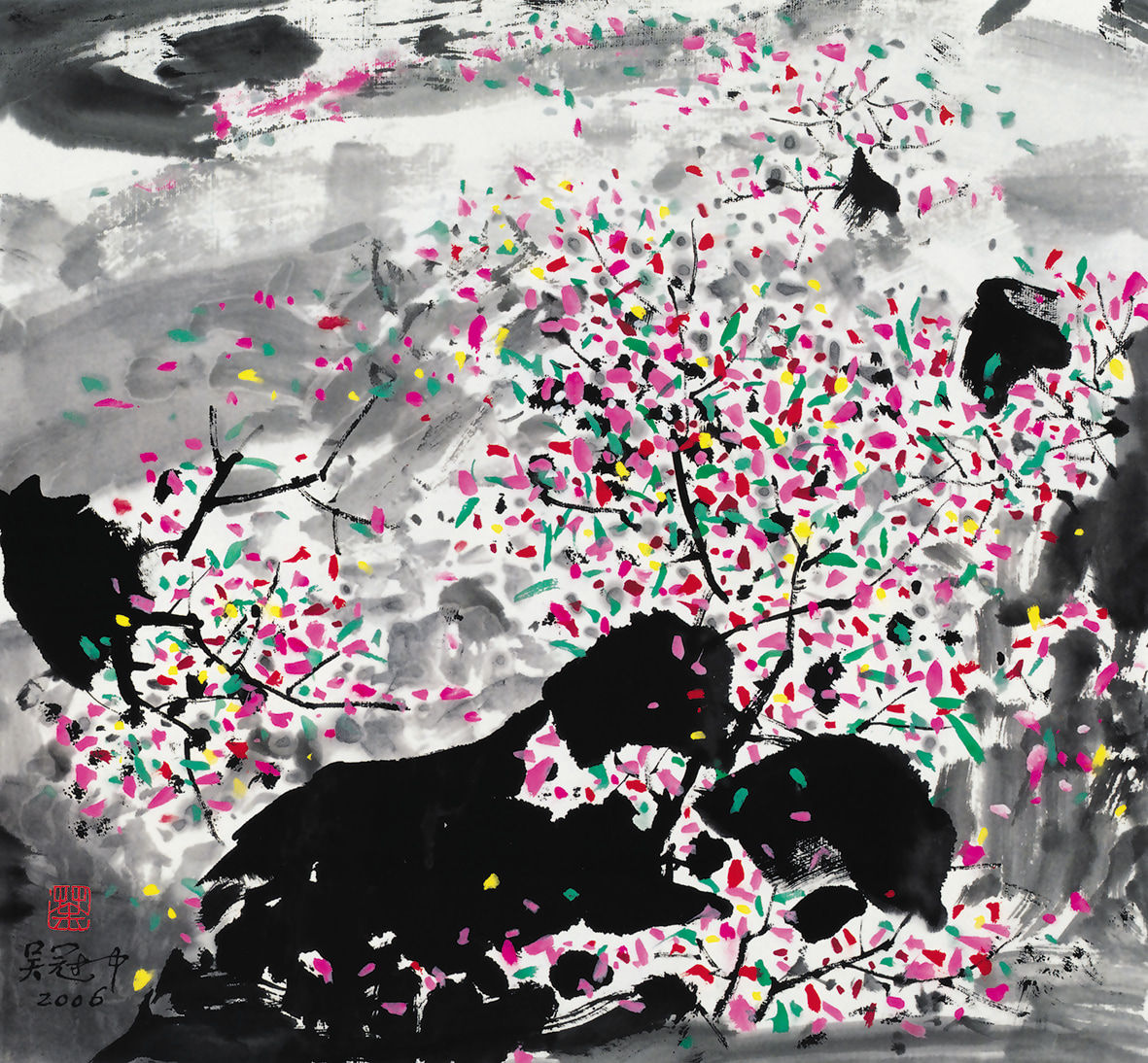 Wu Guanzhong 吳冠中, A Mountain Covered with Flowers 花滿山, 2006