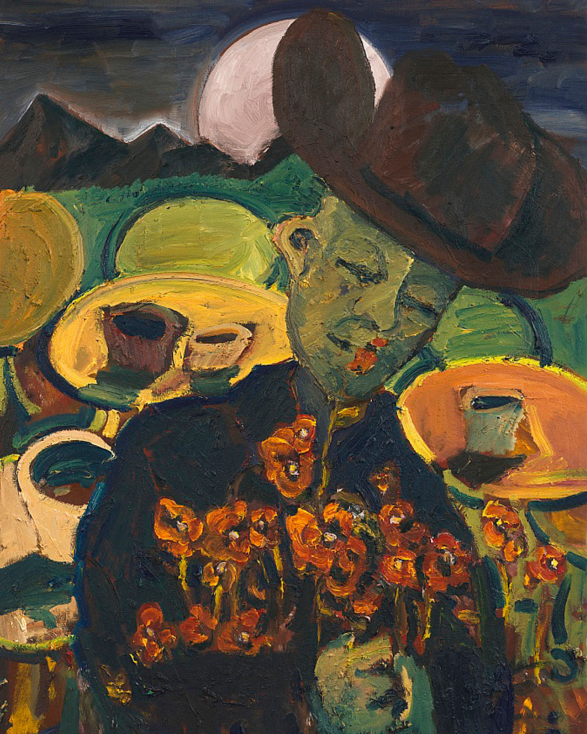 Ken Taylor Reynaga, Man with Flowers (full moon), oil on canvas, Brigade Gallery