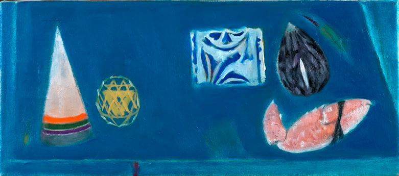 ELIZABETH BLACKADDER, Small Blue Still Life with Ceramic Fig, 2010