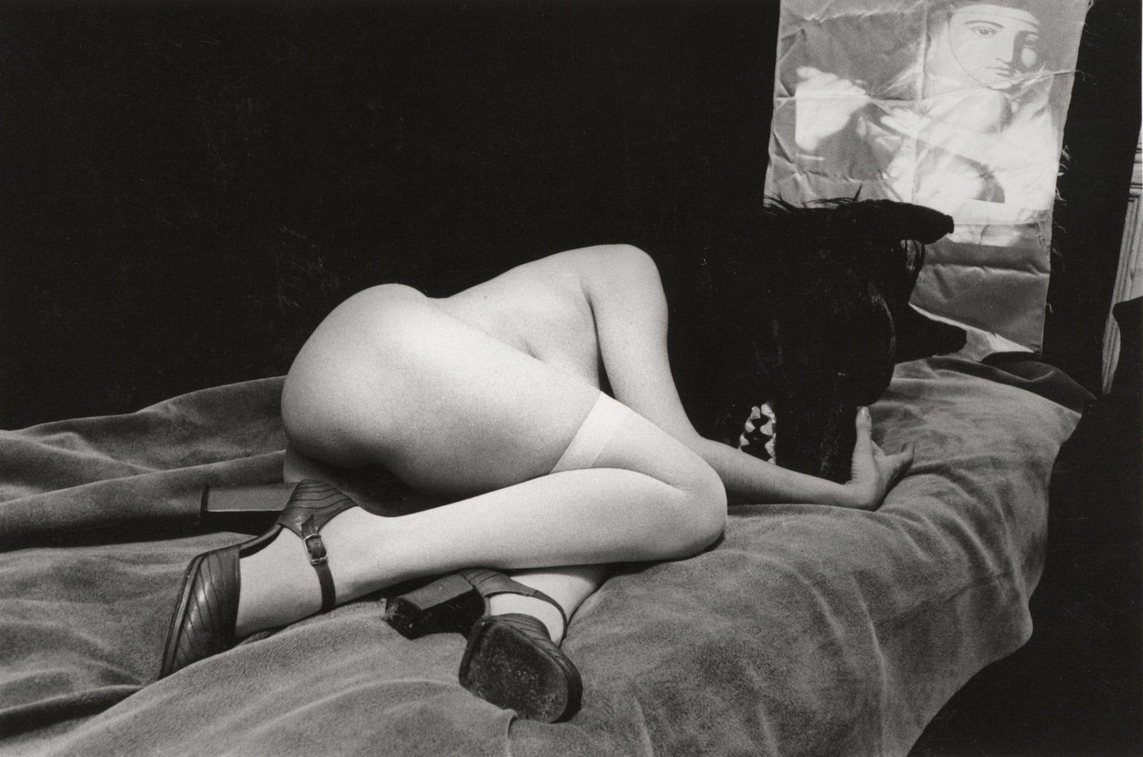 Joel-Peter Witkin, DEATH IN THE ROOM, "Woman With Death Mask and Projected Painting of Nun" (Version 1), 1971