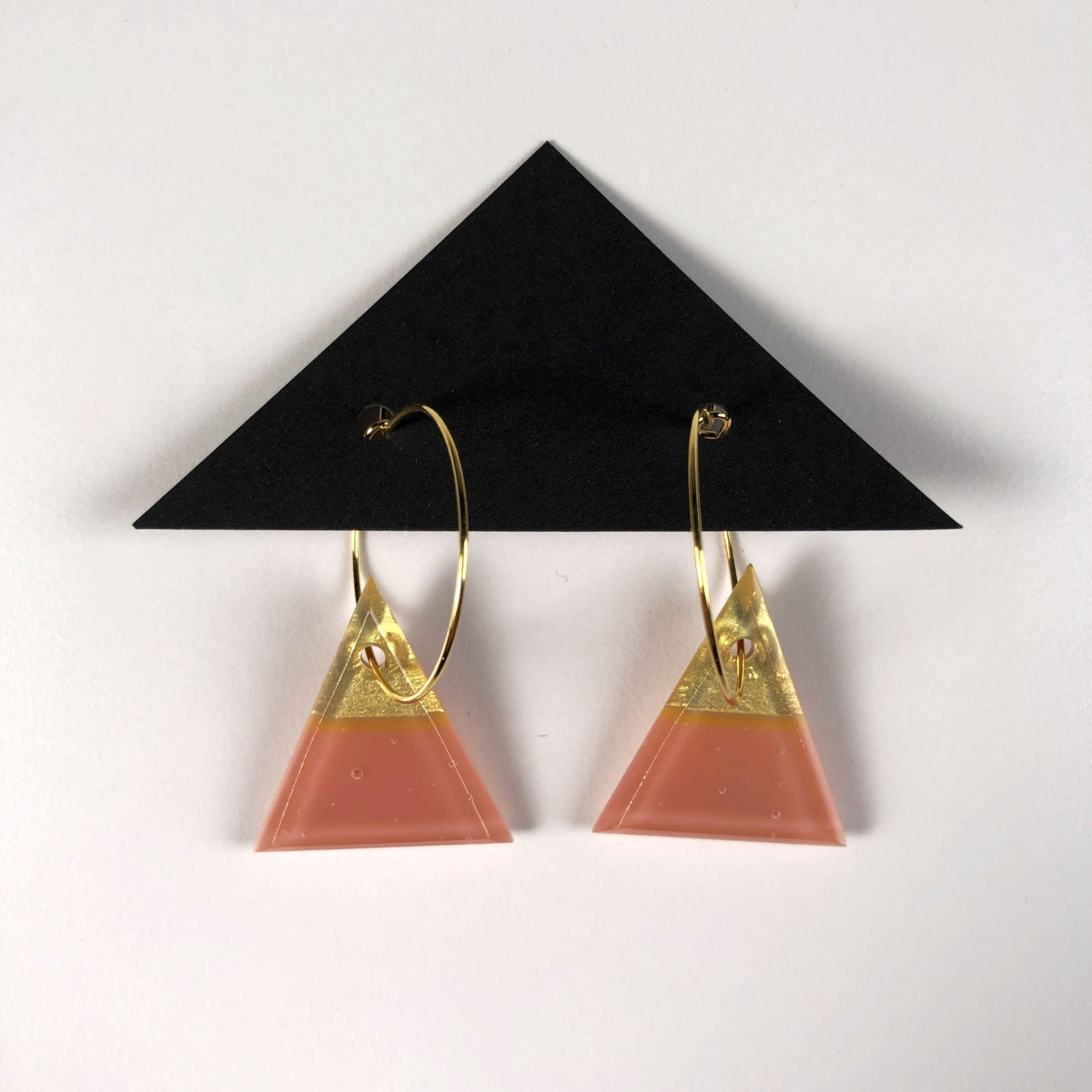 Geometric Glass Triangle Hoop Earrings - Salmon Pink + Gold