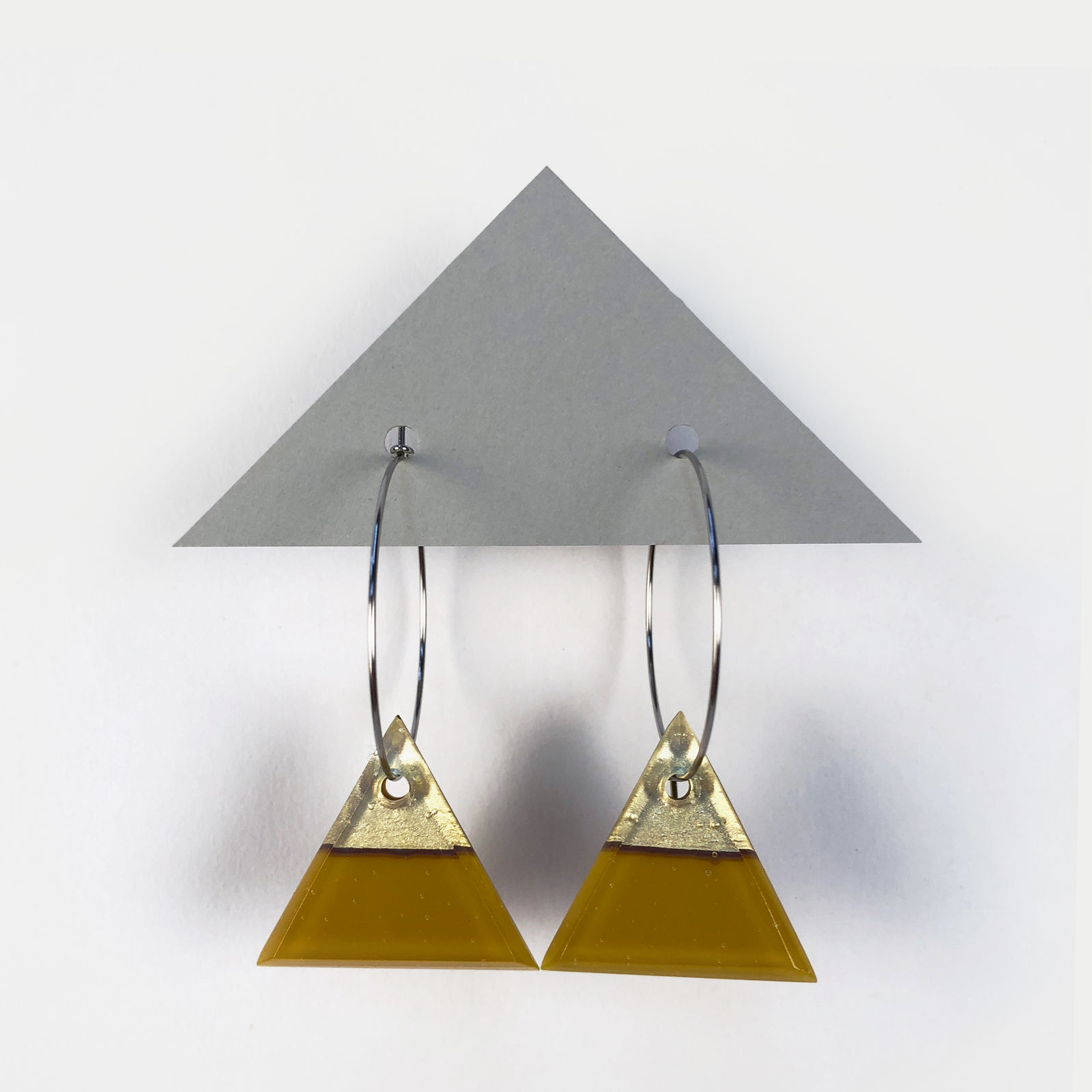 Geometric Glass Triangle Hoop Earrings - Golden Green + Metallic