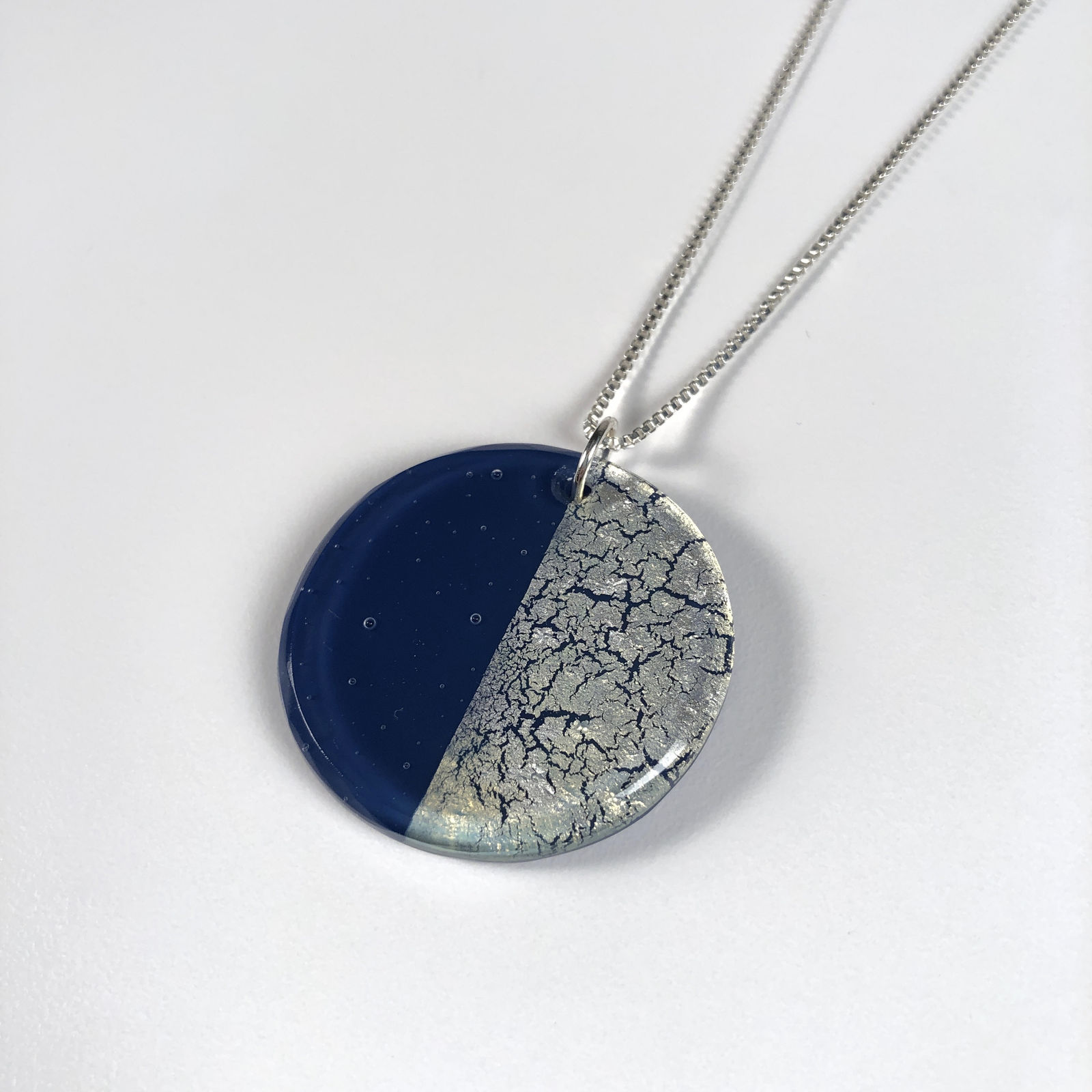 Geometric Glass Circle Pendant Necklace - Blue + Silver