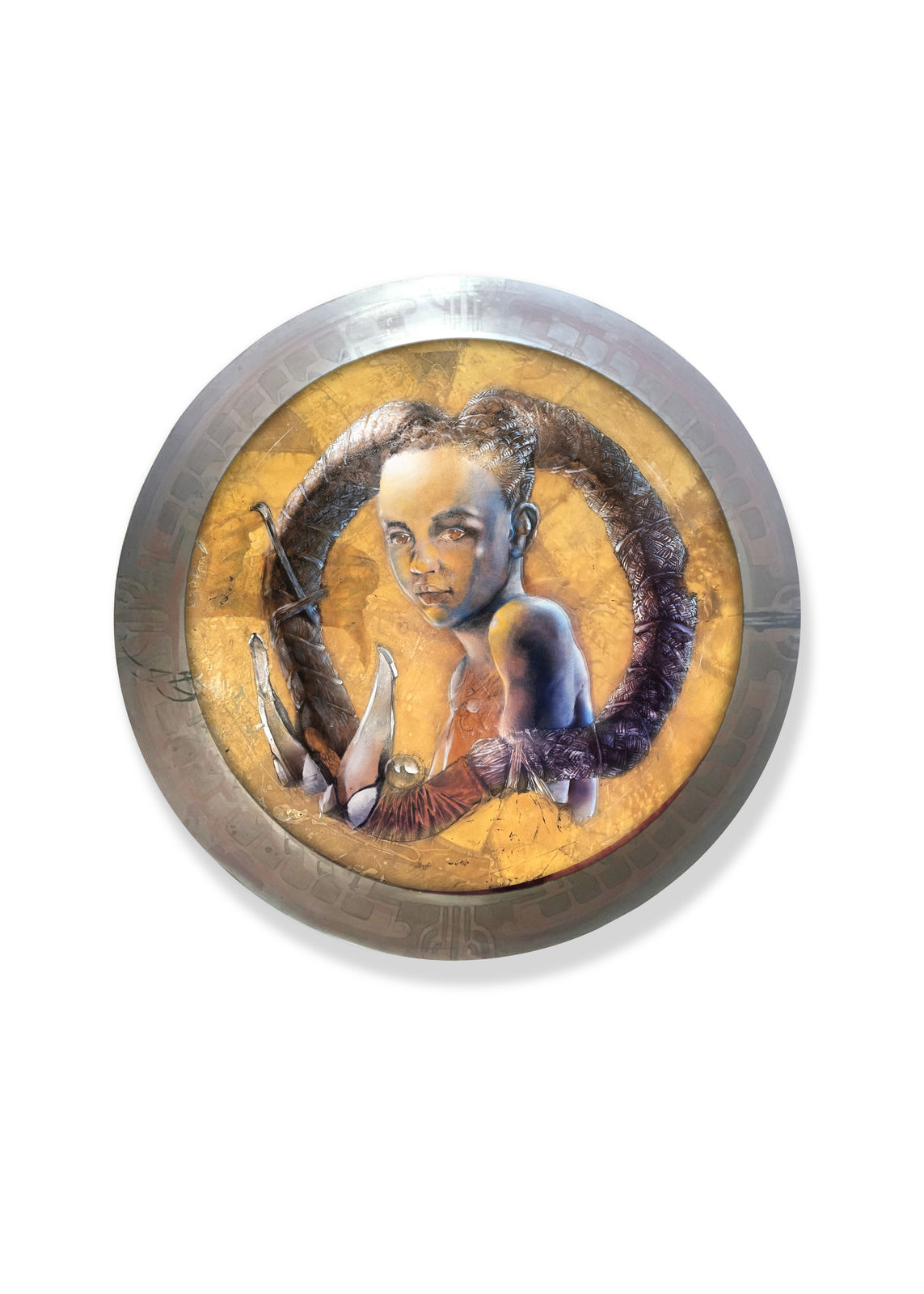 Oil paint, ballistic grade Kevlar®, steel, rust, resin, plastic