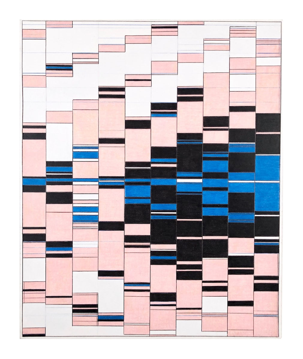 Escalator 2, 2021 Signed and dated on back Marker, colored pencil, graphite, acrylic, carbon transfer on Bristol paper