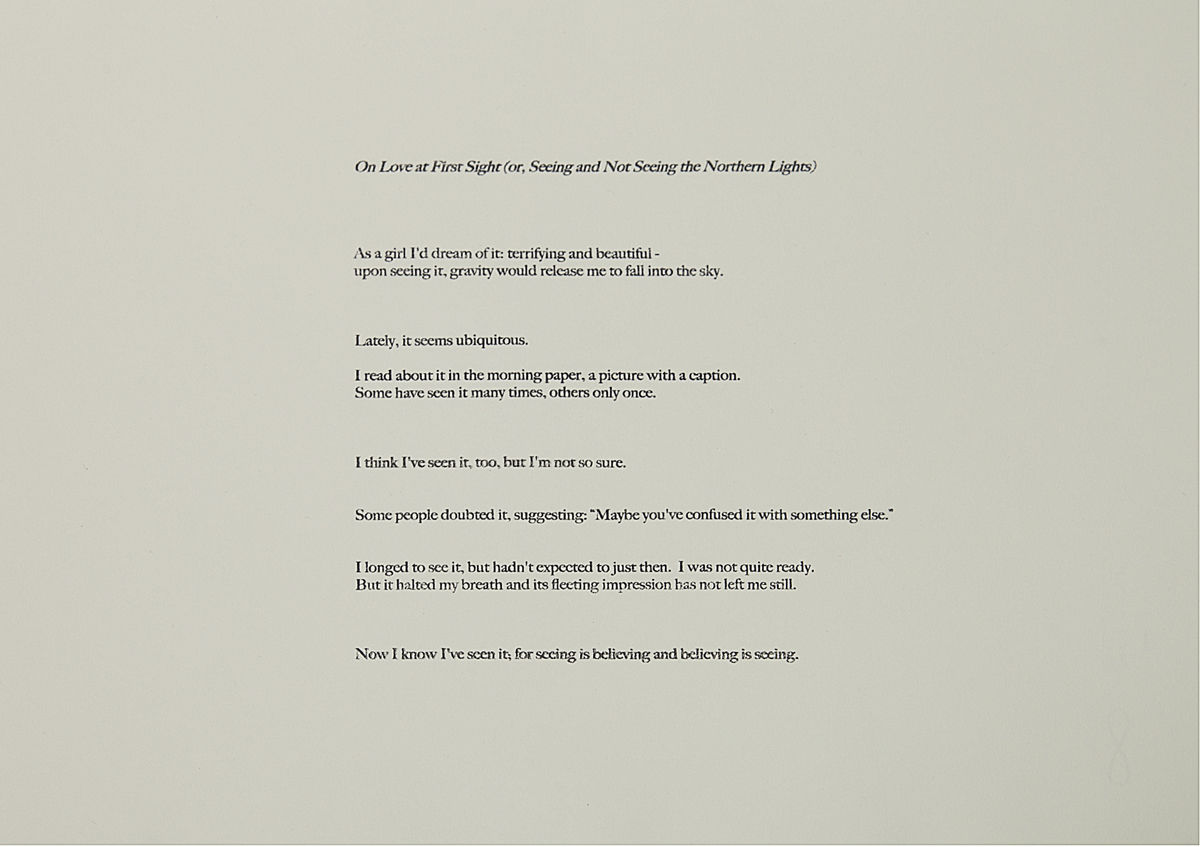 Serena Perrone, On Love at First Sight (or, Seeing and Not Seeing the Northern Lights), 2013